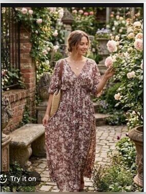 World Market Kaftan Maxi Dress Cinched Waist Floral Boho Tassel Beach L-XL